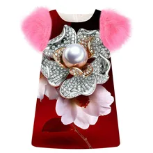 Платье для девочек вечерние платья на день рождения весенне-Осенняя детская одежда с рукавами из искусственного меха для малышей милый жемчуг модный принт