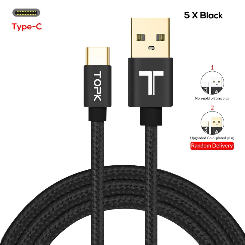 Кабель TOPK usb type-C с нейлоновой оплеткой для синхронизации данных и USB-C, зарядный кабель для samsung Galaxy S9 S8 XiaoMi 8 5X, кабель для мобильного телефона, 5 шт. в упаковке - Цвет: 5x Black Cable