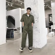 Летняя рубашка лацканы рабочие комбинезон мужской с короткими рукавами комбинезон свободные ремни талии девять брюки прямые брюки прилив хип-хоп