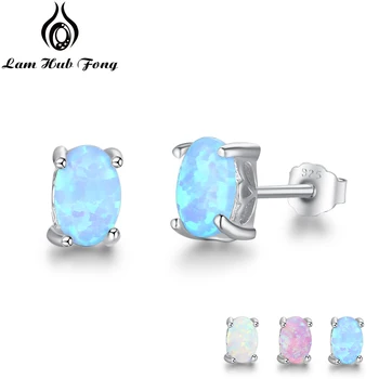 925 Sterling Silver Stud Earrings for Women Cute 4mm Created Oval White Pink Blue Fire Opal Earrings Fine Jewelry (Lam Hub Fong) 1