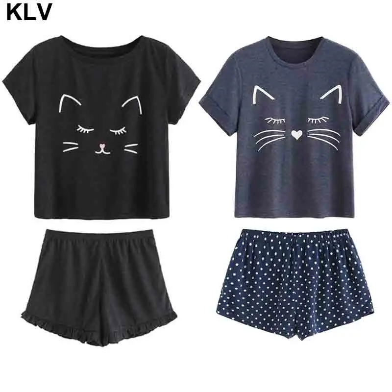 

Women Girls Summer Short Sleeves Pajamas Set Cute Meow Cat Loose T-Shirt Tops Polka Dot Ruffles Shorts Sleepwear Home Loungewear