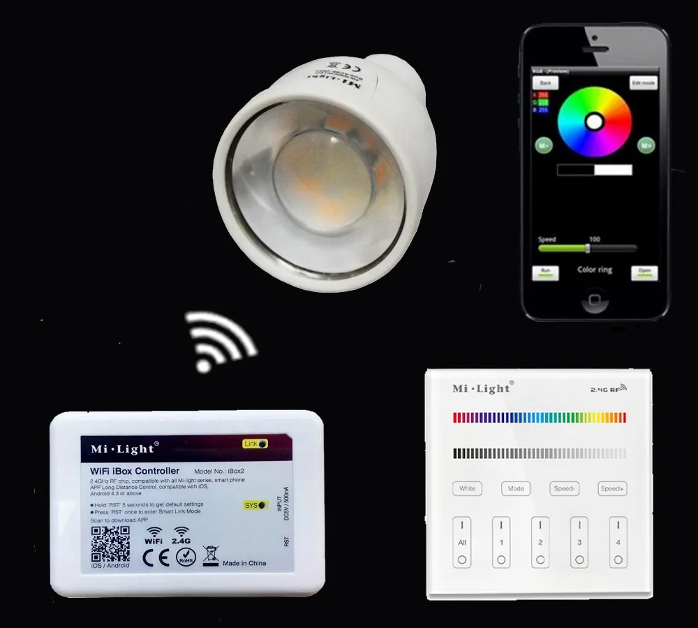 

Mi.light GU10 5W RGBW RGBWW Led Bulb Light+2.4G Wifi Ibox2 Led Controller With APP+B3/T3 Touch Panel Remote Controller