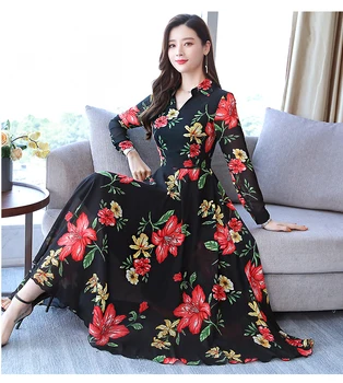 

2020 Summer Fashion Women Chiffon Plus Size Dress V-neck Office Lady A-line Printed Maxi Dresses Long Sleeve Summer Elegant