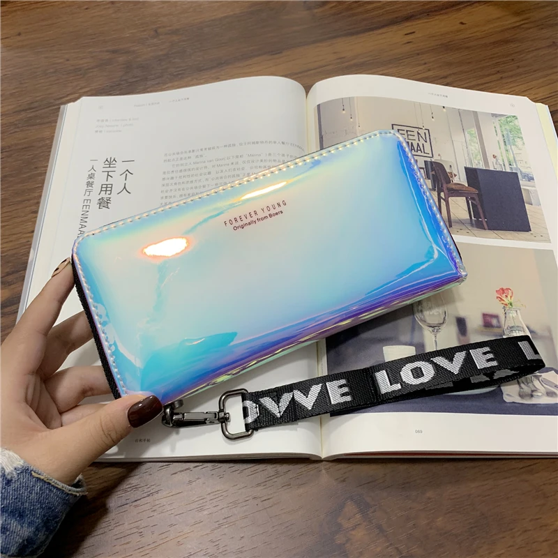 Women Wallets Lanyard Laser Holographic Wallet Women Long Purse Female Clutch Bag Portfel Zip Phone Pocket Card Holder Carteras - Цвет: Long  LS01- Blue