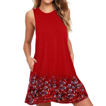 

Newly Women Sleeveless Dress print Floral Loose Slim Fit Round Neck Casual mini o-neck casual fashion sexy Sundress for Summer
