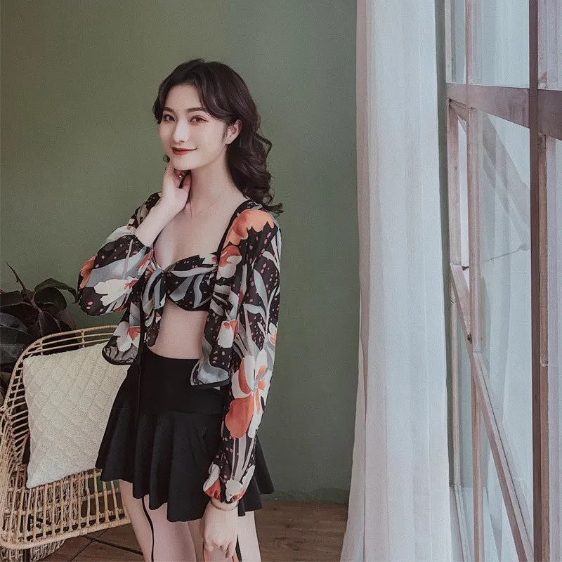 WHITNEY WANG Swimwear Women 2019 Summer Fashion Floral Beach Tunic Patchwork Bikinis Set 3 Pieces Push Up Padded Swimsuit | Спорт и
