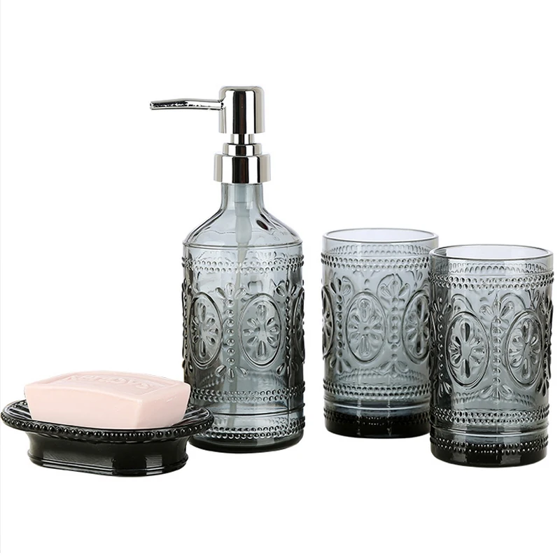 Cup Dish Dispensers Bathroom Set Glass Bath gel Bottle Four piece Set Soap Box Bathroom Tumblers 1 Cup Dish Dispensers Bathroom Set Glass Bath gel Bottle Four piece Set Soap Box Bathroom Tumblers 2