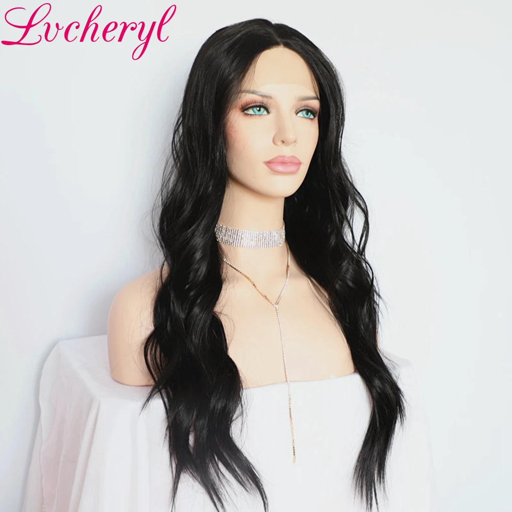 

Lvcheryl Black Color Natural Wave Futura Material High Quality Glueless Synthetic Lace Front Wigs For Daily Wear