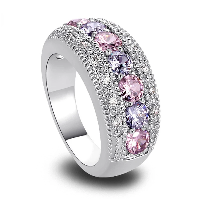

Pave Setting Cubic Zirconia Ring Round Shape Wedding Engagement Ring Pink Purple Stone Imitation Diamonds Ring for Engagement