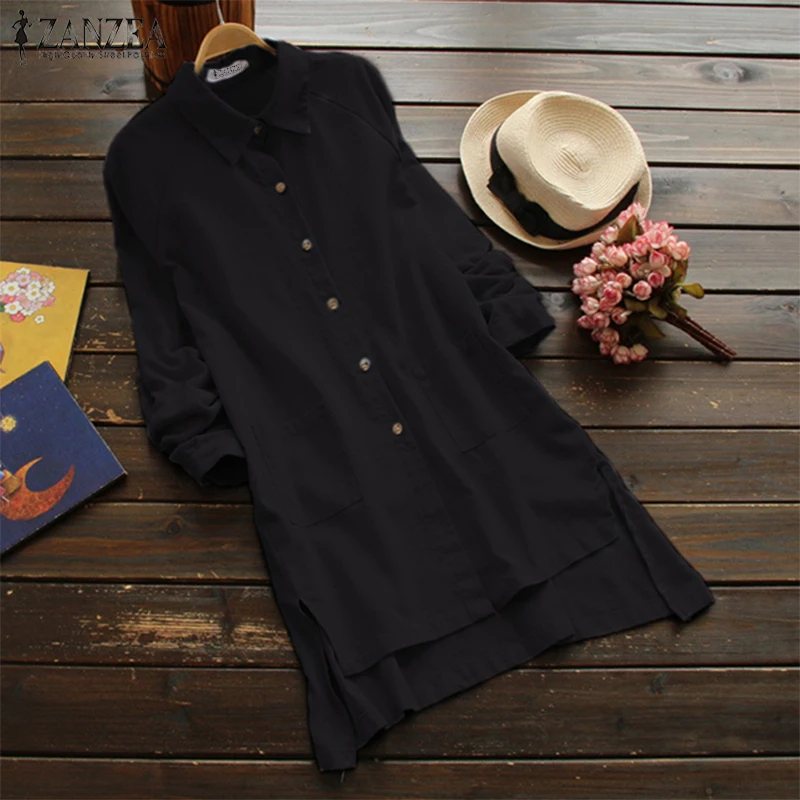 

ZANZEA Plus Size Women Cotton Linen Blouse Long Sleeve Bottons Shirt Casual Loose Split Tops Irregular Blusas Baggy Blusa 5XL
