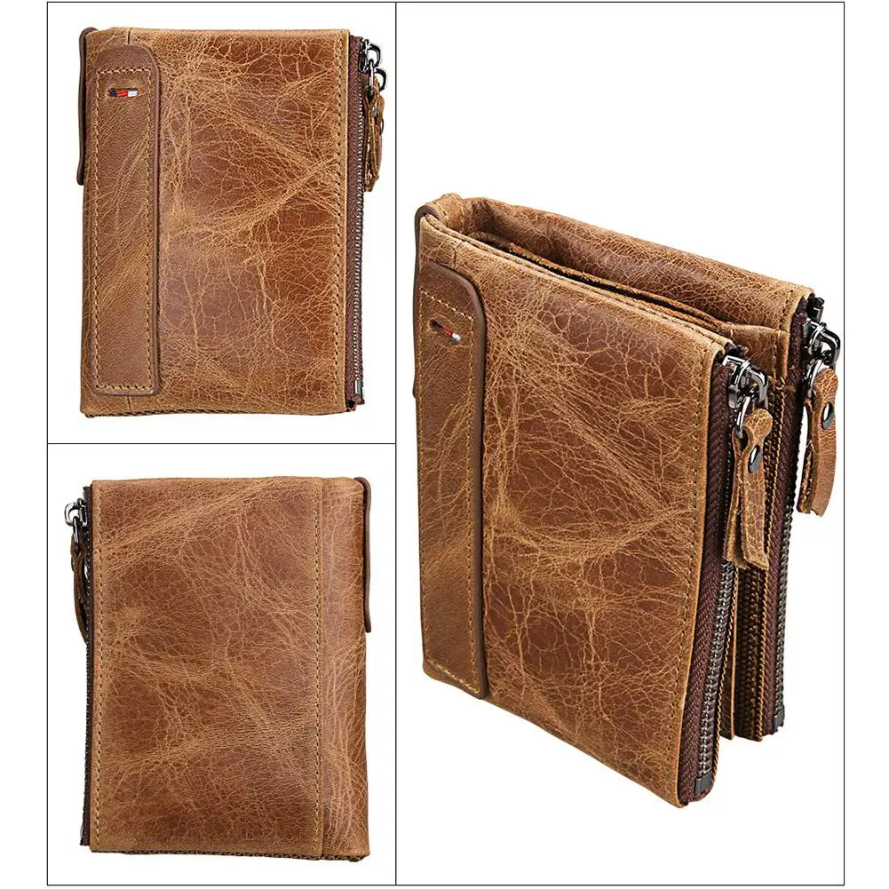 Banabanma Genuine Wallet Cowhide Leather Men Wallets Double Zipper Short Purse Coin Pockets Anti RFID Card Holders Wallet Men 40