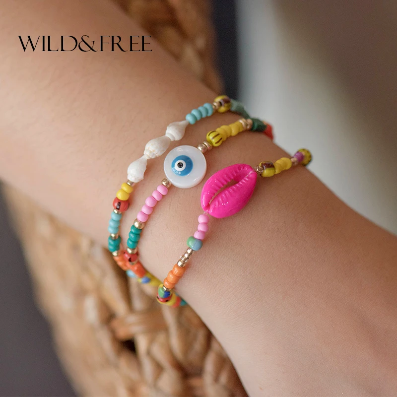 

Wild&Free Boho Style Beaded Bracelets For Women Summer Beach Colorful Beads Conch Shell Blue Eye Charm Bangles Lucky Jewelry