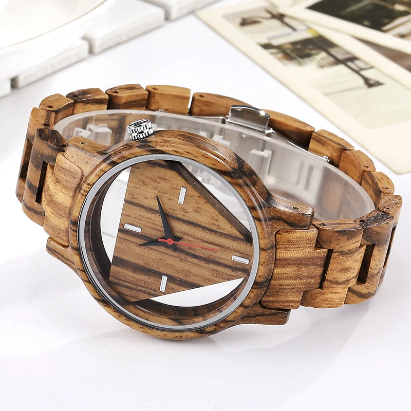 Зебра деревянные часы мужские полностью деревянные полые Дизайнерские мужские кварцевые наручные часы Простой треугольный циферблат браслет ручной работы деревянные мужские часы
