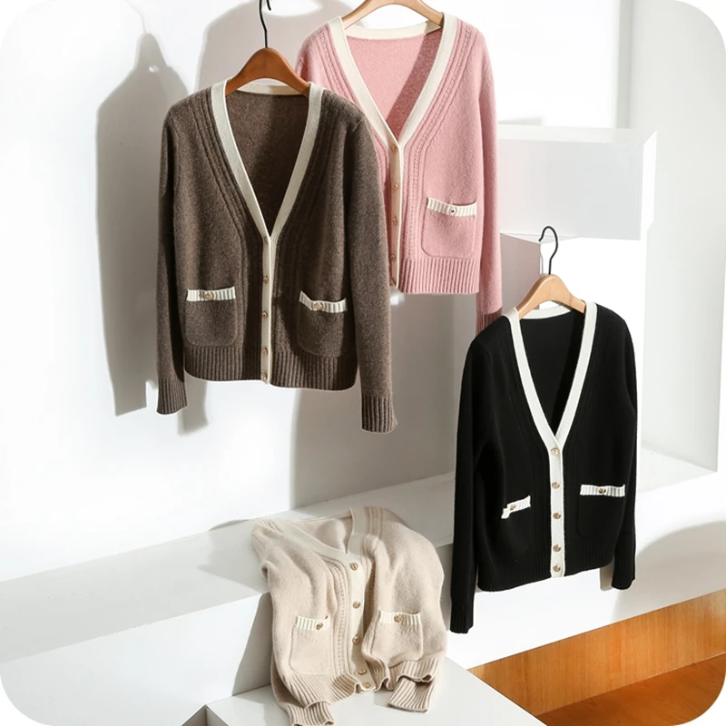 

2019 New Autumn And Spring V-Neck Cashmere Sweater Knit Cardigan Wild Female Cardigan Sweater Coat Slim Cardigan