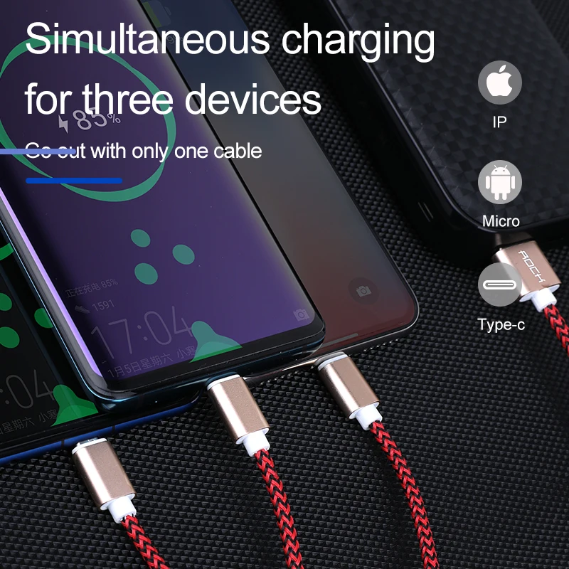 صخرة كابل يو اس بي ل فون XS ماكس XR X 8 7 6 5 ل Xiaomi سامسونج شحن شاحن 3 في 1 المصغّر usb نوع C الإضاءة شاحن الحبل