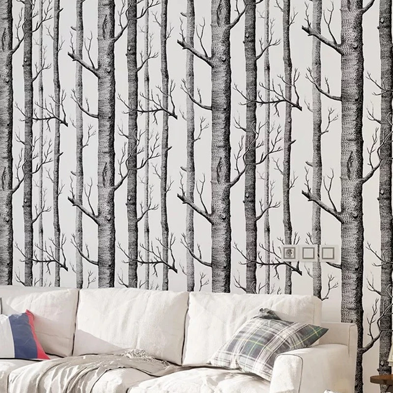 Us 23 8 32 Off Black White Birch Tree Wallpaper For Bedroom Modern Design Living Room Wall Paper Roll Rustic Forest Woods Wallpapers In Wallpapers