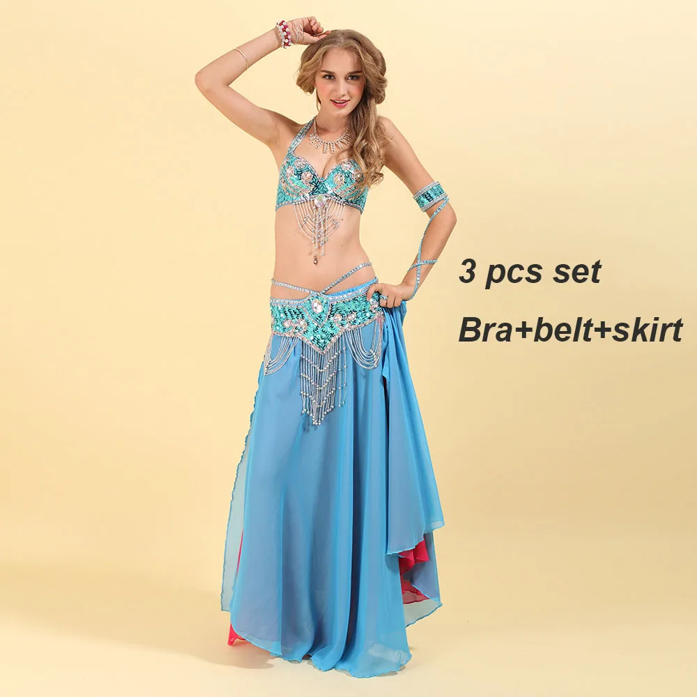 Professional Belly Dance Costume Beaded sets 2pcs set Bra Top Belt Size S M L