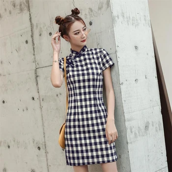 

2020 Womens Vintage cheongsam modified chinese plaid qipao dress ladies retro qi pao modern clothing cotton and linen robe