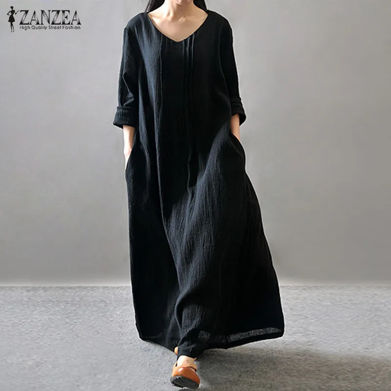 

Autumn Dress 2019 Ladies V Neck Long Sleeve Casual Loose Vintage Long Maxi Dresses Women Vestidos Plus Size S-5XL