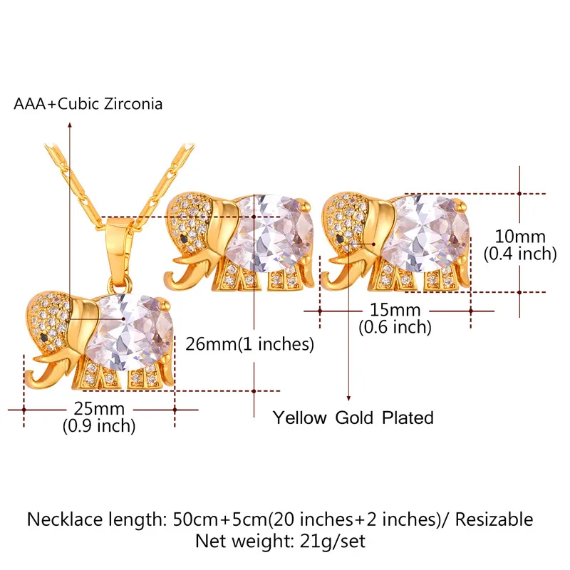 U7 милые серьги-гвоздики в виде слона и кулон ожерелье набор серебро/золото цвет кубического циркония Кристалл женский ювелирный набор S1008