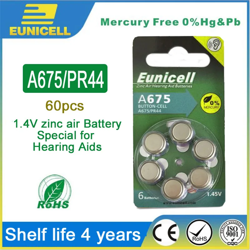60 шт. Eunicell дополнительные батареи слухового аппарата цинк воздуха 675A 675 A675 PR44 для слуховых аппаратов 675A A675 675 PR44 батарея слухового аппарата