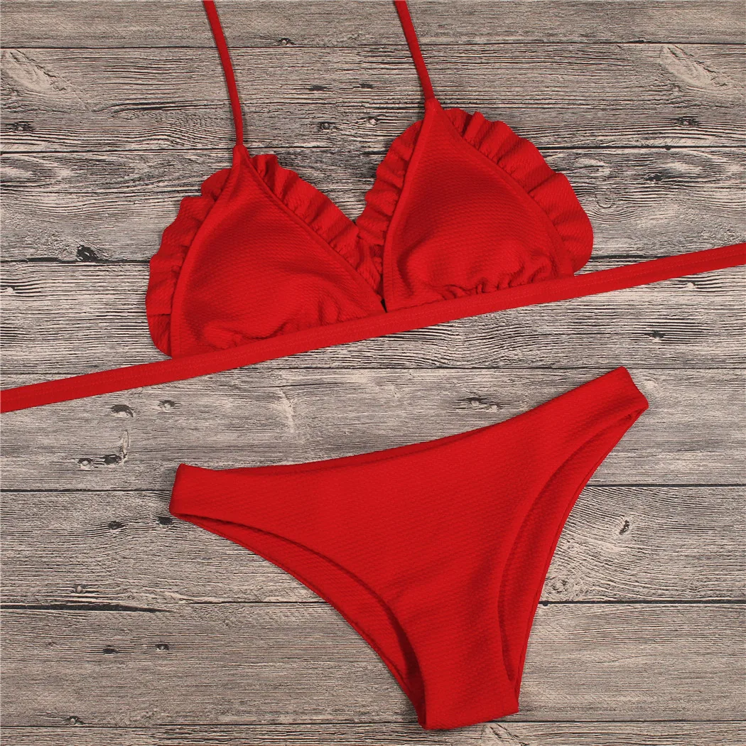

2018 New Women Swimsuit Frill Tops Bikini Sets Swimwear Summer Low Waist Sexy Push Up Bordered Biquini Brazilian Bathing Suits