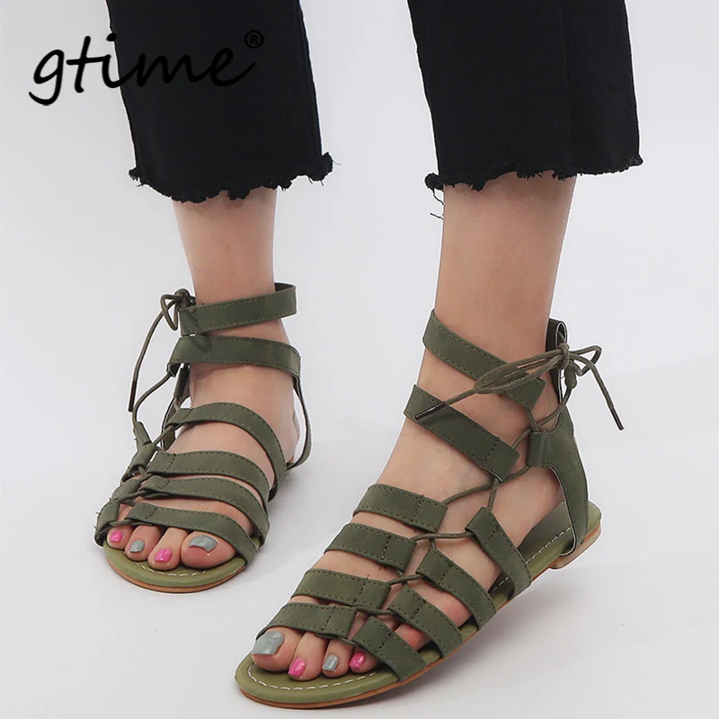 

Dropshipping Gtime Summer Gladiator Sandals Ankle Strap Women Sandals Lace Up Woman Beach Flat Sandals Shoes Ladies Sandalias