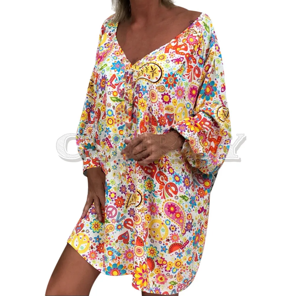 Image Cuerly Boho Long Sleeve V neck Sexy Dress Summer Sundress Plus Size Women Off Shoulder Floral Print Irregular Casual Dresses