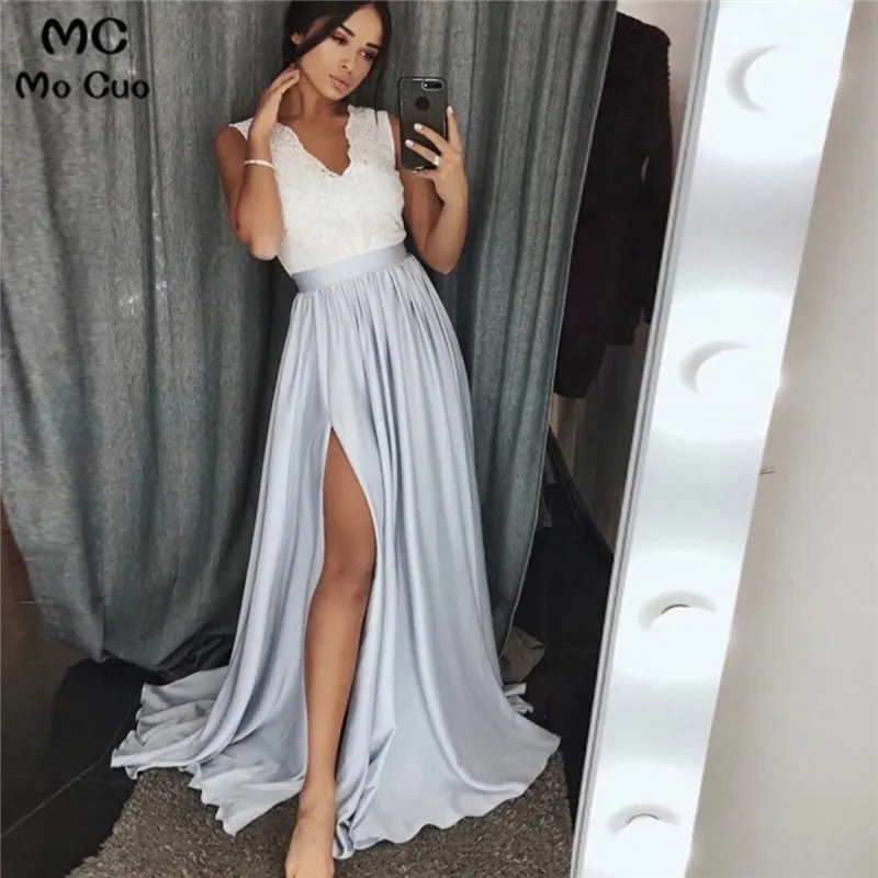 A-Line V-Neck Split Front Grey Long Prom Dress with Lace