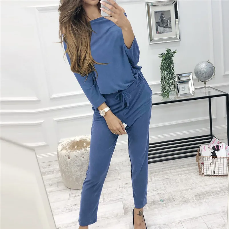 Fashion Autumn Winter two piece set tracksuit for women for fall Casual Long Sleeve Solid Color Shirt Top + Pants Set N30 (16)