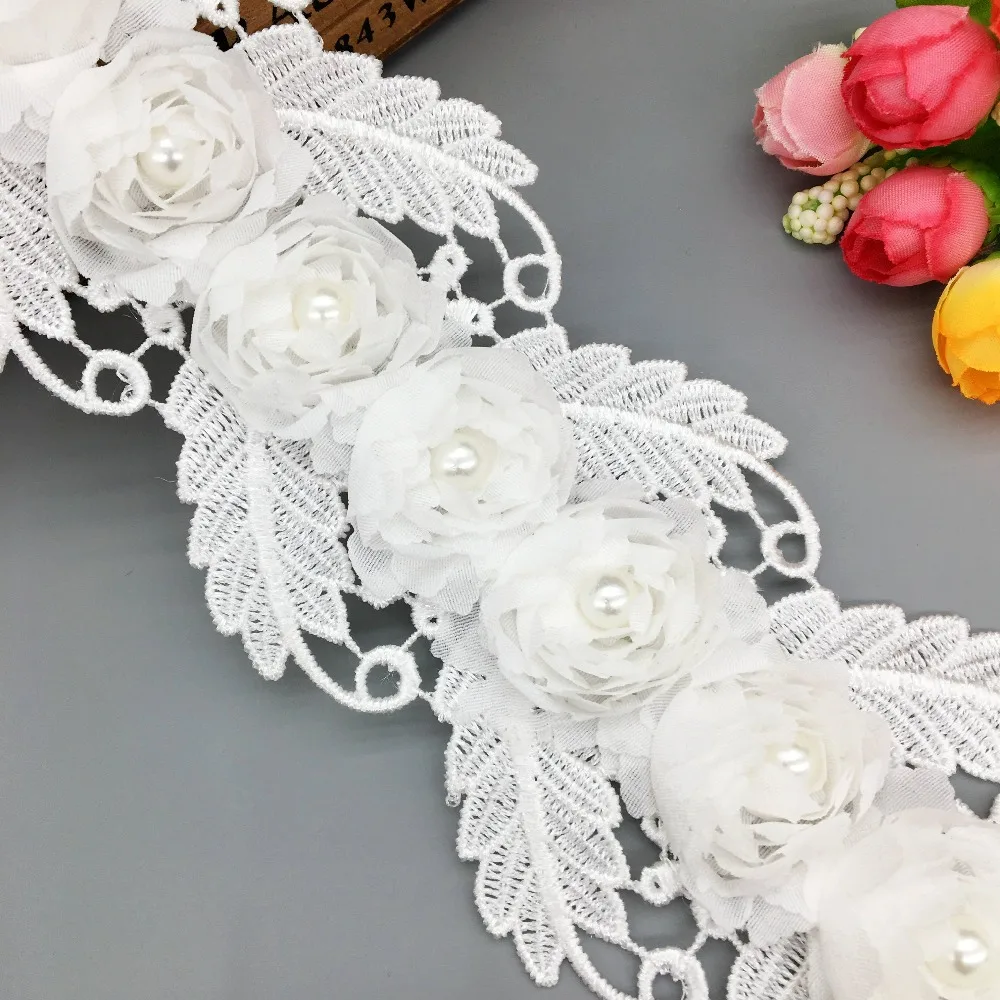 

50X White Chiffon Rose Flower Pearl Leaf Lace Trim Fabric Wedding Dress Bridal Ribbon Embroidered Patch Applique Sewing Craft