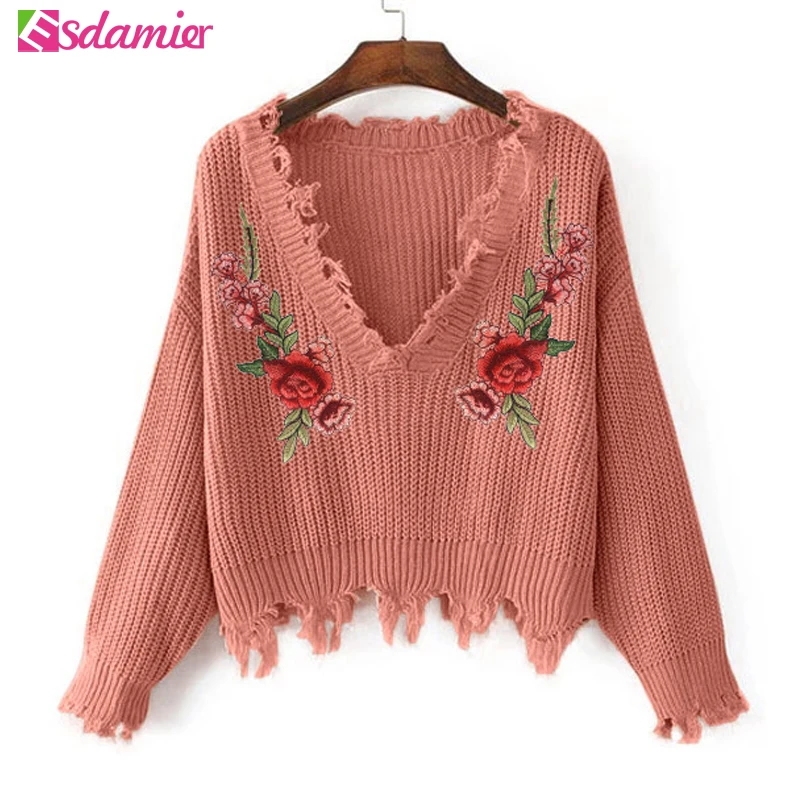 

New Fashion Deep V Loose Knitted Pullovers And Sweaters Women Flower Embroidery Ripped Sweater Pull Femme Tassel Knit Top