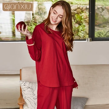 

2020 Spring XXL Two-Piece Female Casual Pajama sets Ladies solid Sleepwear suit Women Long Sleeve Round Collar t shirt & Pants