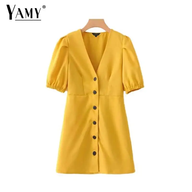 

2019 Summer dress women sexy V neck mini dress elegant button A line short sleeve female Korean fashion chic dresses vestidos