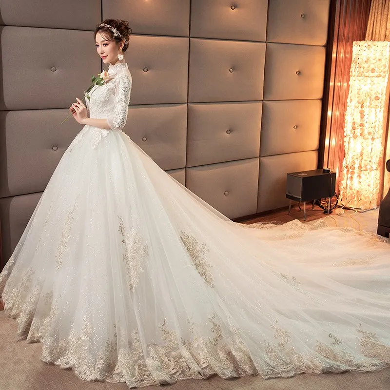 Vintage Lace Sexy Ball Gown Dress Long Tail Wedding Backless Women Mandarin Collar Full Chinese Styles Dresses Wholesale