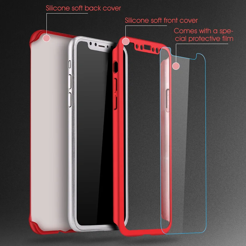 360 Degree Full Cover Phone Case For iPhone 7 8 Plus With Tempered Glass Cases Hard PC Case For iPhone 6 6S Plus 5 5S X XS MAX