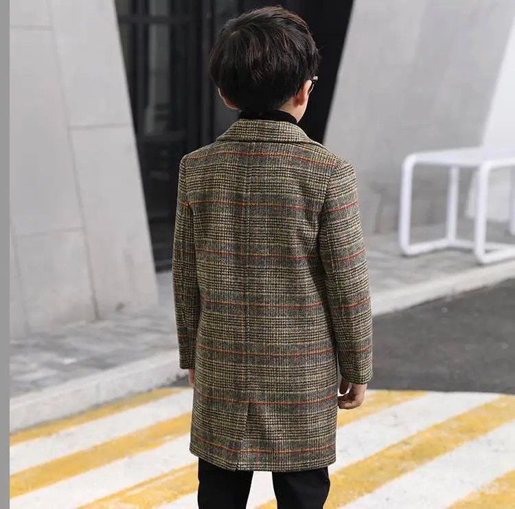 Autumn Winter New Kids Boys Thick Warm Plaid Wool Blends Coats Children Clothes Boys Woolen Long Jacket Outwear F22