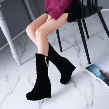 

Women Boots Autumn Winter Super High Heel Warm Flock Crystal Zip Wedges Platform Mid-calf Snow Shoes 2018 Sexy Fashion Black Red