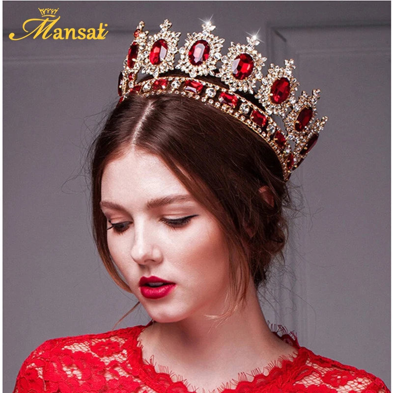 Mansati Luxurious Big Round Crown Red Rhinestone Gold Crowns and Tiaras