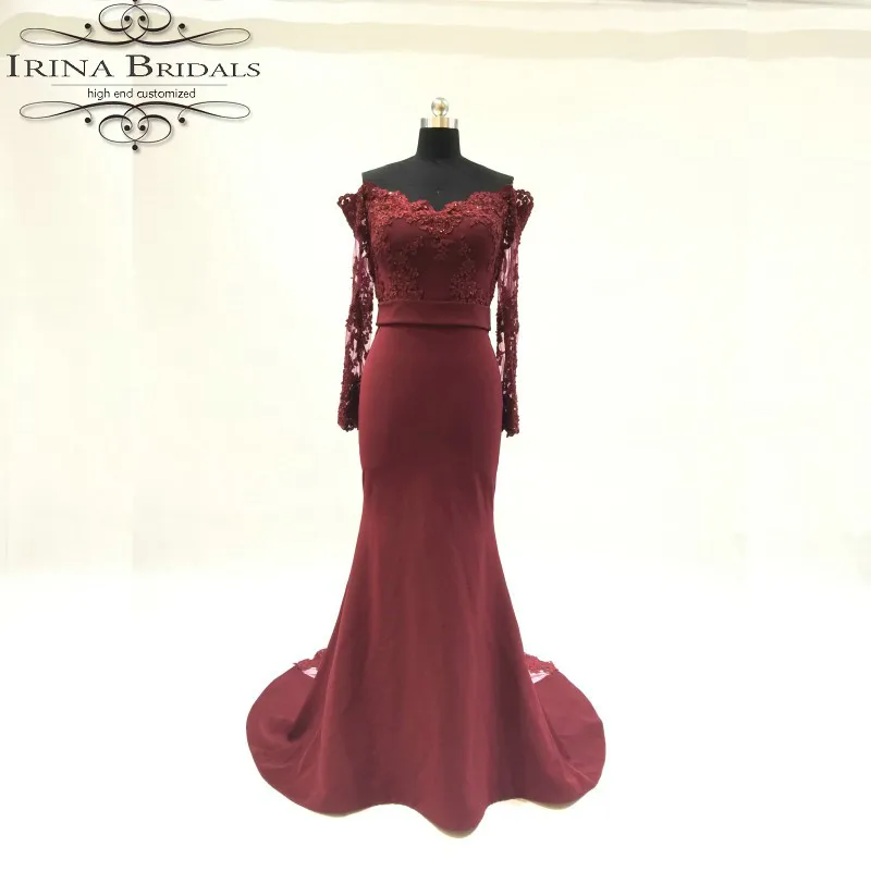 

Real Sample Off Shoulder Boat Neck Long Sleeve Lace Appliqued Mermaid Dark Red Evening Dress