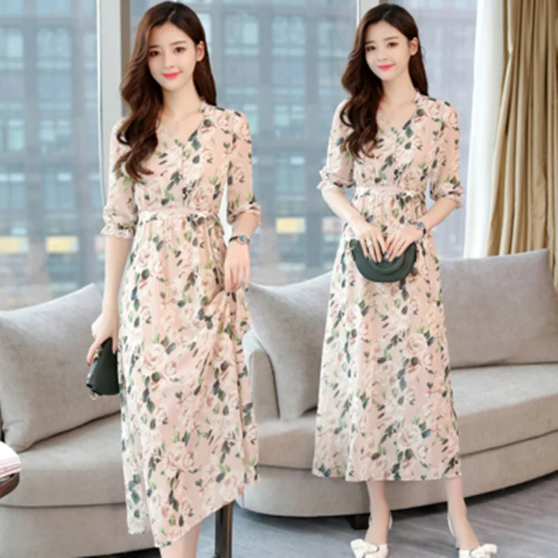 

Women's Dress 2018 summer new bohemian print small fresh chiffon beach dress high quality fashion elegant Vestido