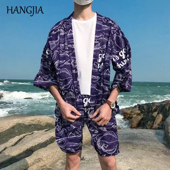 

Men Printed Kimono Cardigan Jacket Summer Hip-hop Thin Cardigan Jackets Mens 3/4 Sleeve Fashion Casual Coats Top Outwear