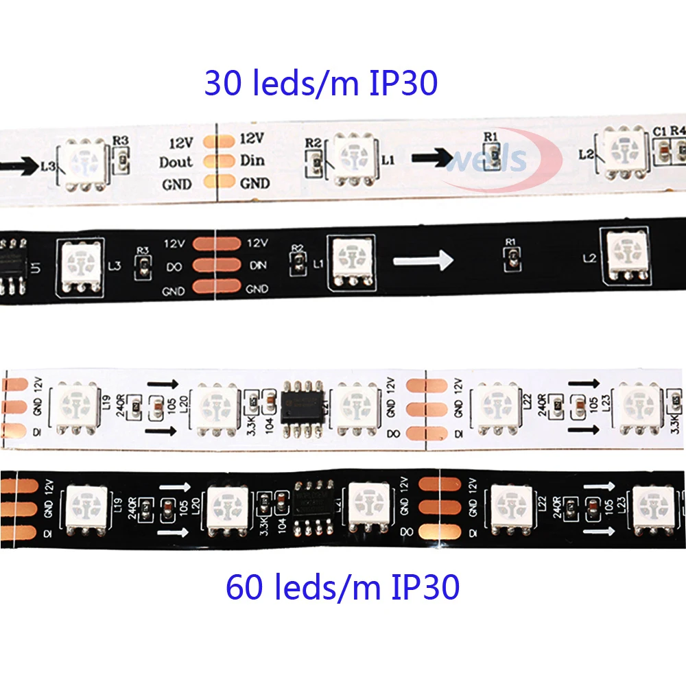 1 м/2 м/3 м/4 м/5 м WS2811 смарт-пикселей светодиодные полосы ленты; DC12V 30/60 светодиодов/м полный цвет адресуемых WS2811 IC цветных(RGB) светодиодных лент светильник