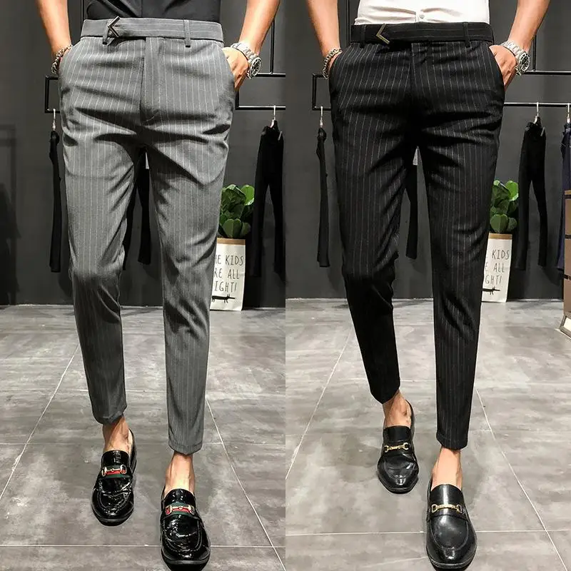 28-36 Мужские модельные Брюки Slim Fit уличная полосатая тренировка штаны по лодыжку мужские модные летние офисные брюки мужские обтягивающие брюки