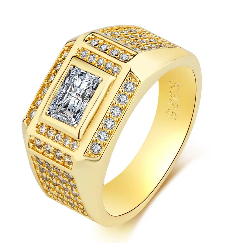 

Luxury Gold Tone Square Inlaid Rhinestone Mens Ring Size 7-12