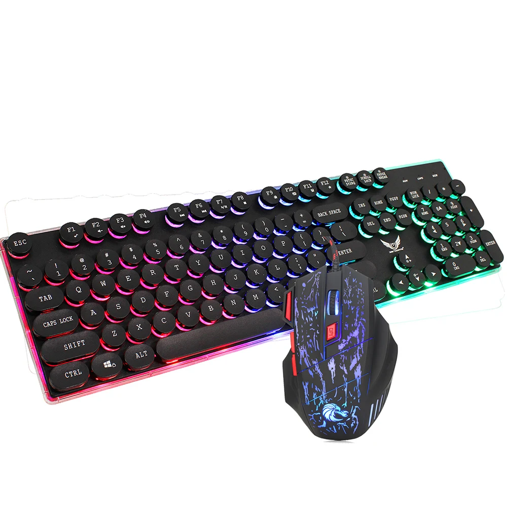 

104 Keys Wired Keyboard Vintage Steampunk Keycap Gaming Keyboard Three Color Mixed Backlit English Keyboard + Mouse Set