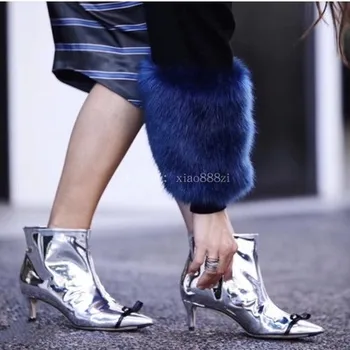 

Fashion Woman Mirror Silver Butterfly Knot Boots Metallic Leather Ankle Booties Pointed Toe High Heels Sexy Ladies Shoes Women