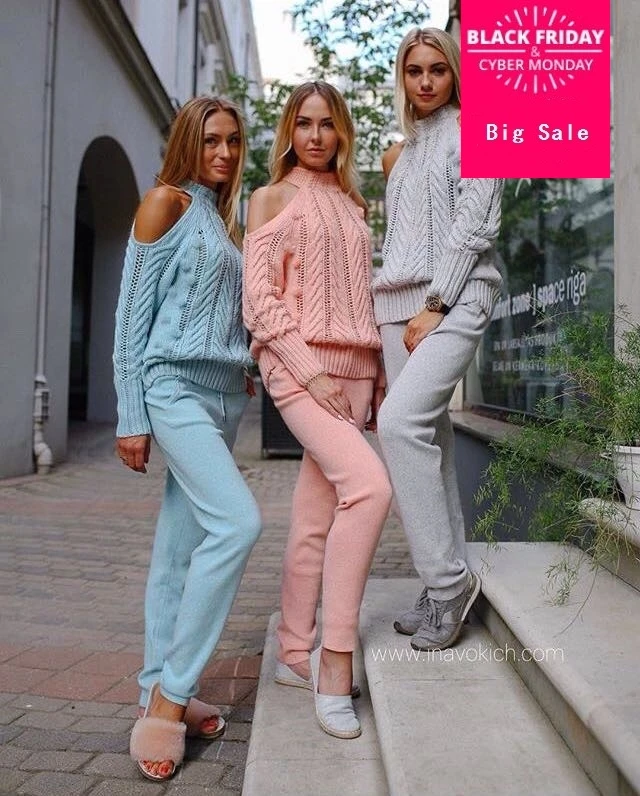 

2019 Woolen and Cashmere Knitted warm Suit High Collar Strapless Knit Sweater + Mink Cashmere Trousers Leisure Two-piece wj1729