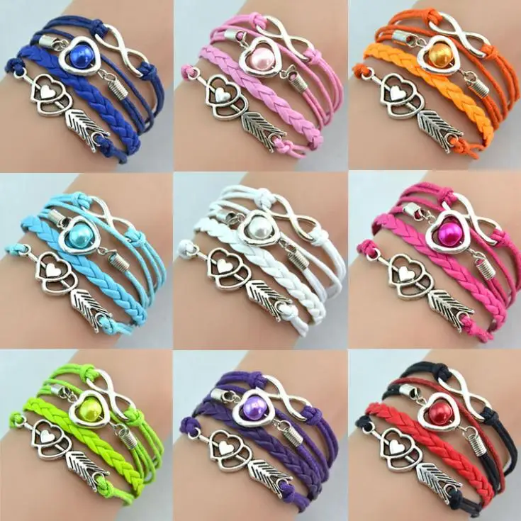 

New Fashion Jewelry Women/Girls Multilayer Braided Bracelet With Heart & Number 8 Shape Decorations 9 Colors