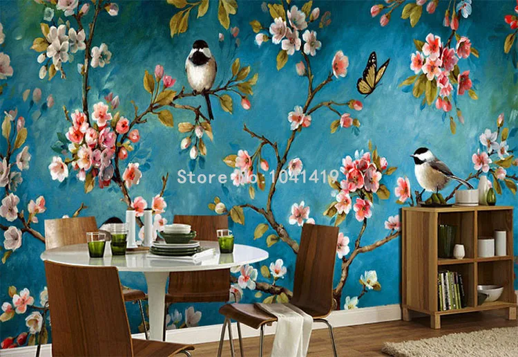 papel de parede com estampa de pássaros em mural de flores chinesas com textura